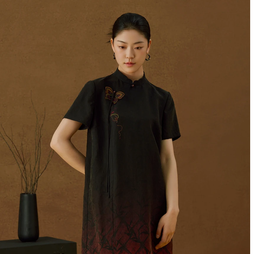 CHEN HENG夏季印花常规袖气质连衣裙新中式A字裙