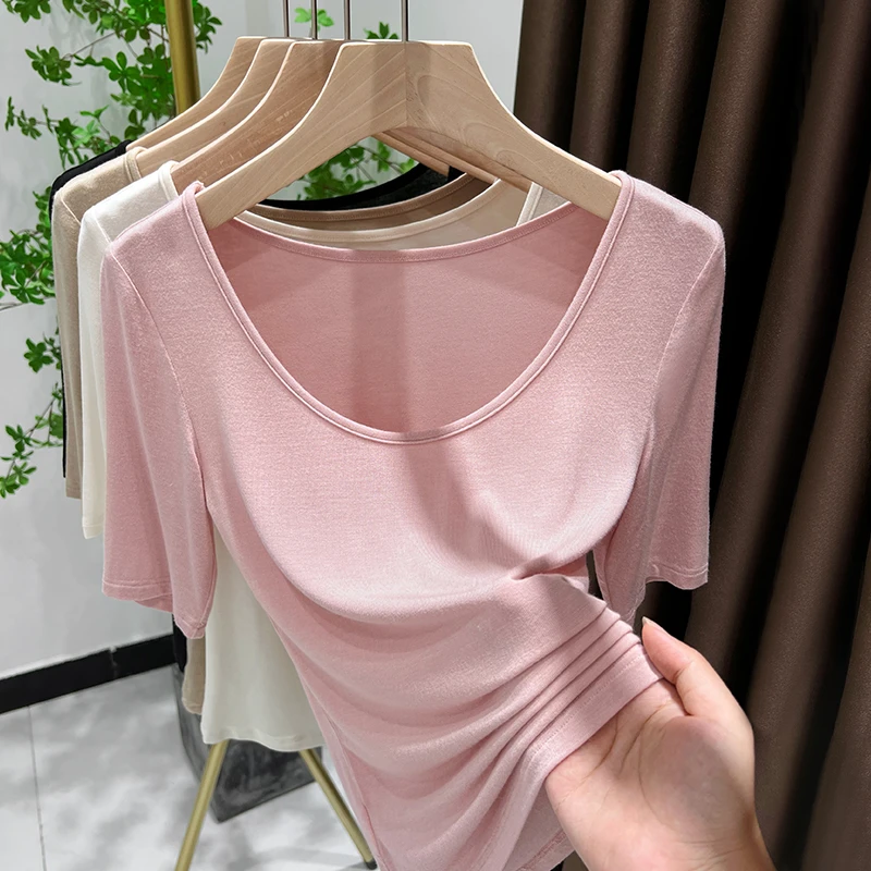 粉色软糯超弹皮肤衣女洋气内搭大领口修身短袖打底衫新款甜美上衣