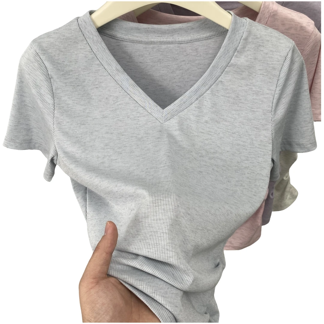 V领正肩T恤女夏季2025卡腰褶皱显瘦上衣女收腰小众设计感短袖