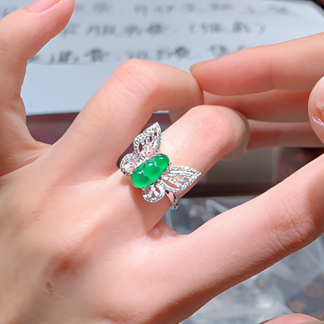 天然A货翡翠蝴蝶福豆戒指1-60961-多样性发货