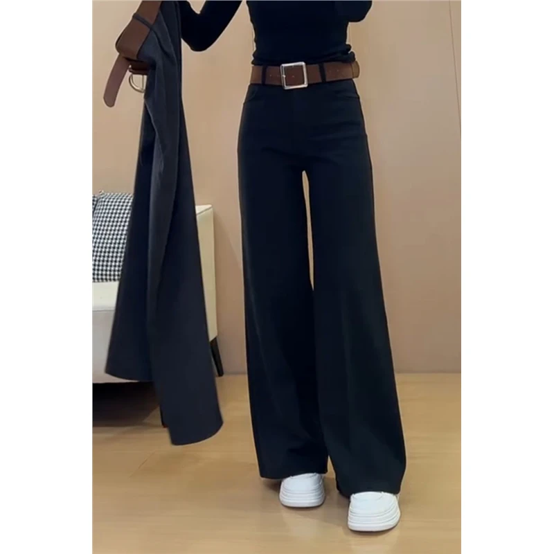 黑色加绒毛呢拖地裤子女2025秋冬款高腰显瘦垂坠感休闲直筒阔腿裤