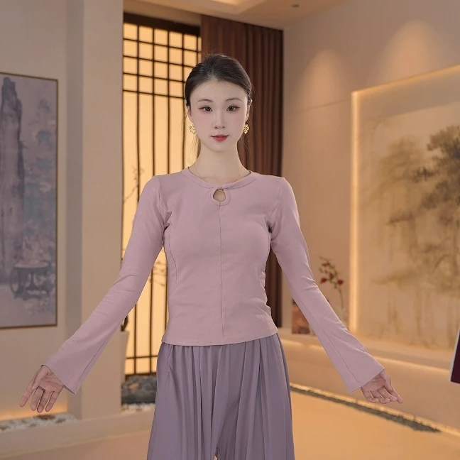 春夏鱼骨线设计感扭结舞蹈服瑜伽修身练功形体服喇叭袖上新