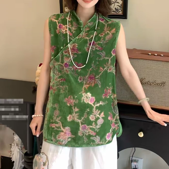 【苏杭版】  金丝绒印花盘扣立领无袖马甲外套女夏季新中式国风马甲