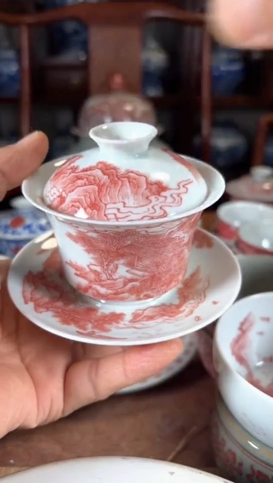 柴窑釉里红山水三才盖碗