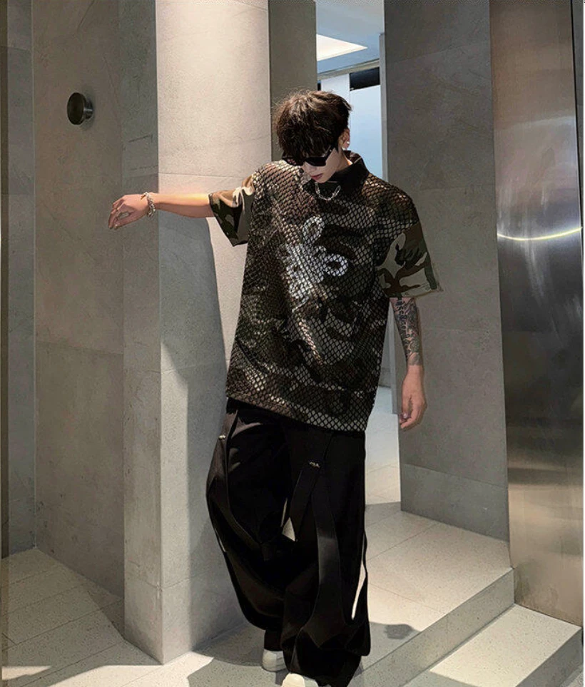 夏装小众蛇纹网纱迷彩短袖T恤男小众可拆卸领袖设计感痞帅衬衣潮