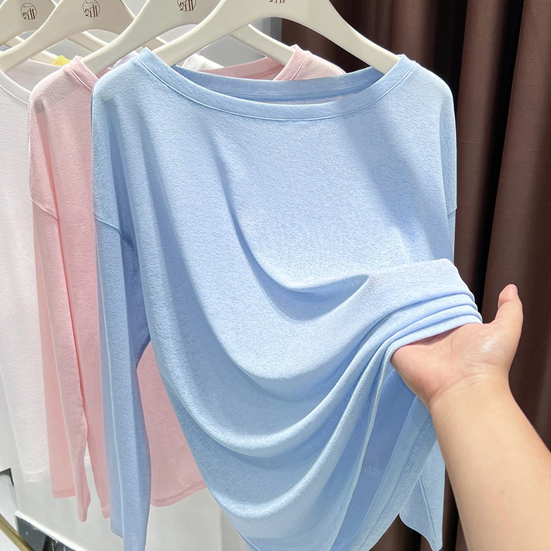 韩系百搭小个子露锁骨长袖t恤女宽松罩衫薄款针织一字领气质上衣