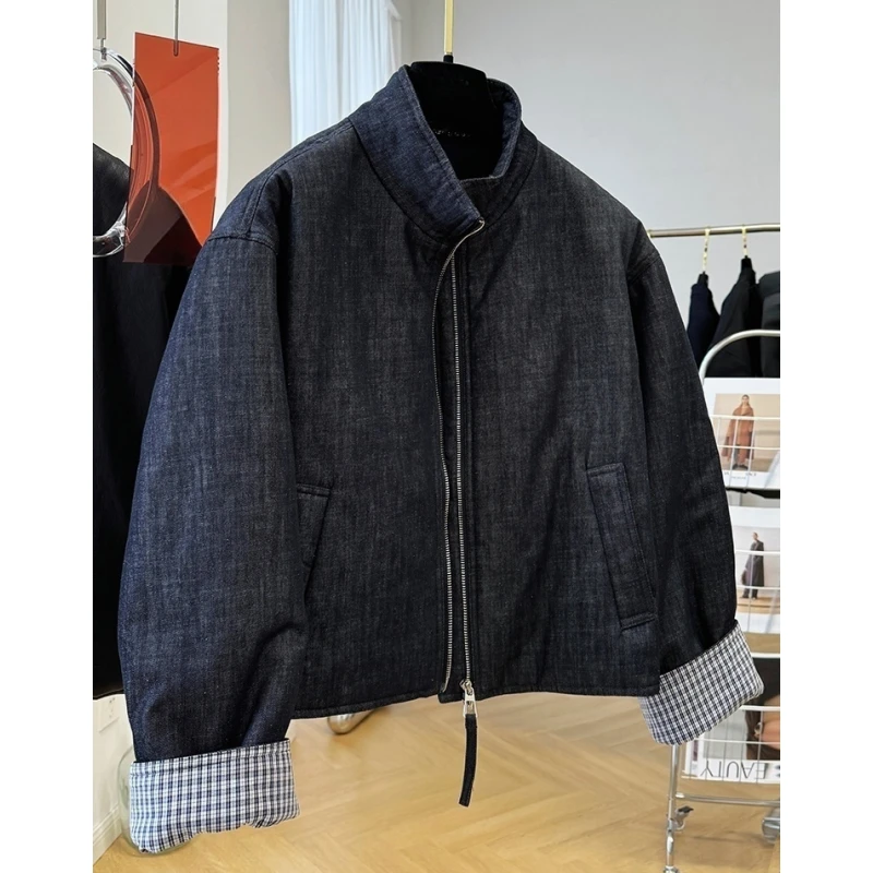 独特别致超好看立领夹棉牛仔外套女秋冬韩系休闲短款夹克棉服棉衣