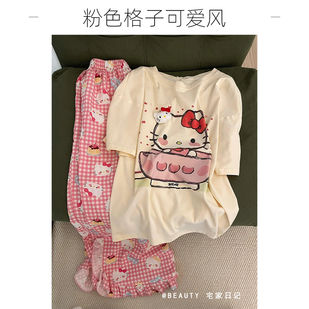 可爱Hello Kitty印花短袖睡衣女夏季新款粉色格子长裤家居服套装