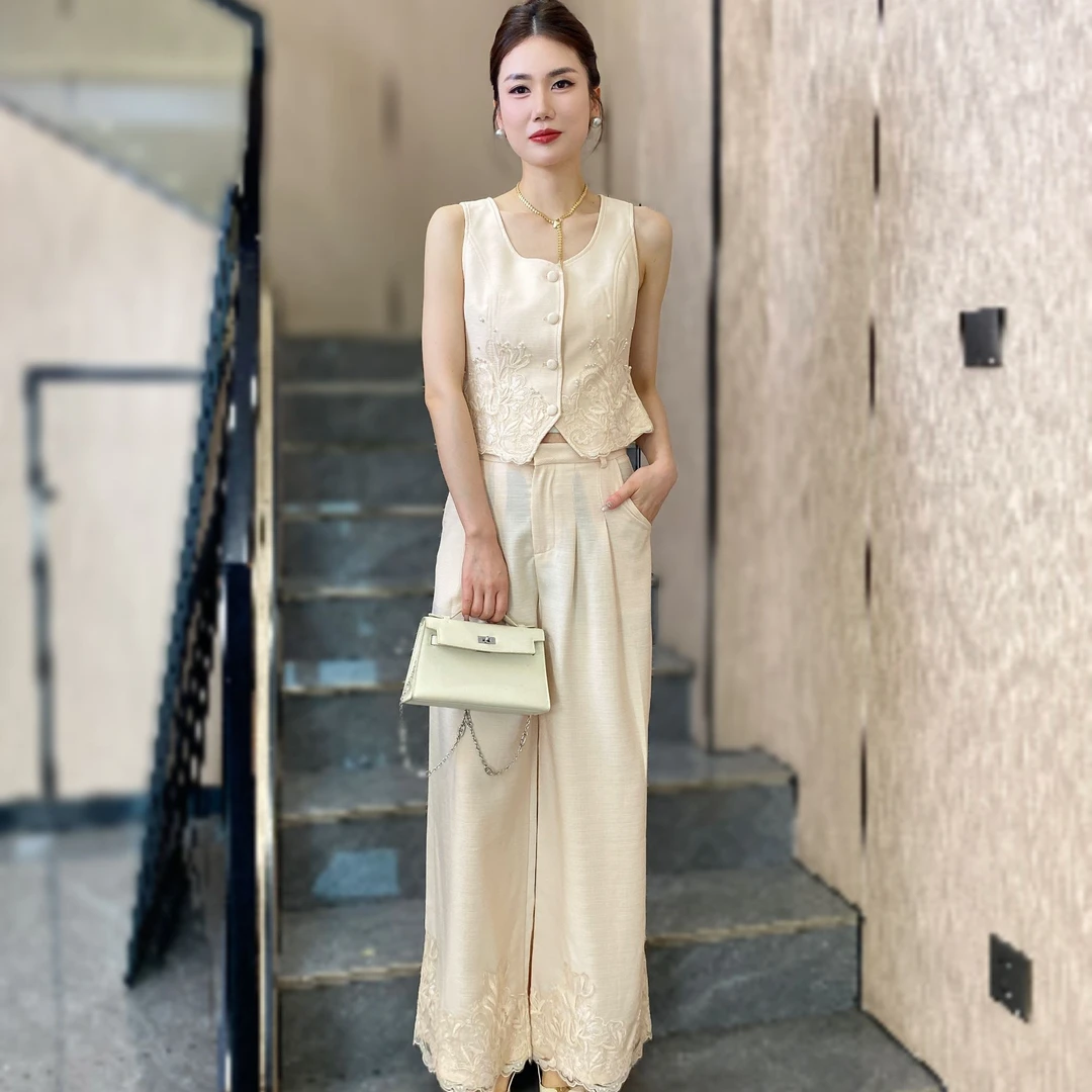 【俊英】2025夏季新款国风时尚气质套装女马甲背心+阔腿休闲裤复古