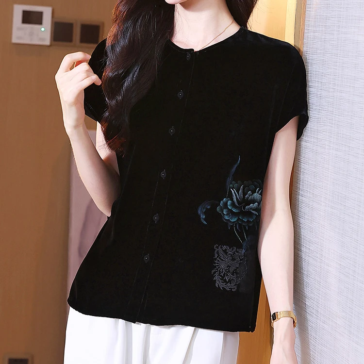 新中式绣花真丝丝绒女T恤大码减龄圆领复古黑色短袖100桑蚕丝夏装