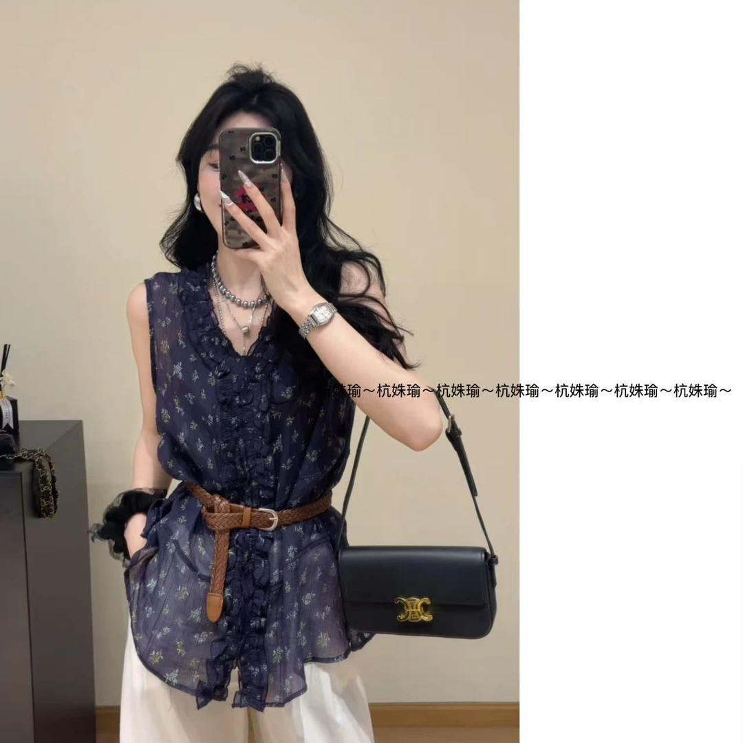 【兰亭序】欧货复古碎花V领无袖背心裙3839