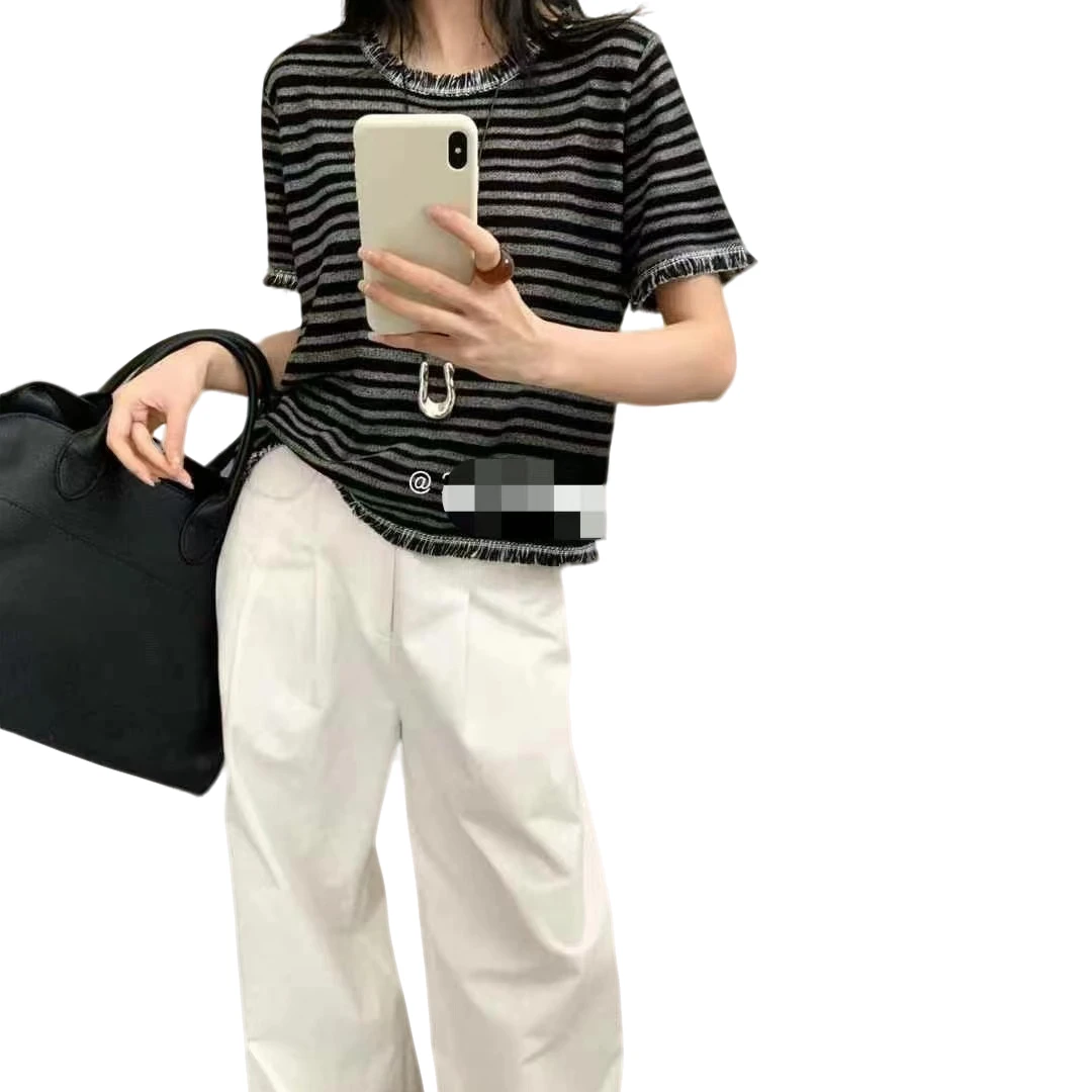 夏季百搭圆领流苏条纹正肩针织半袖