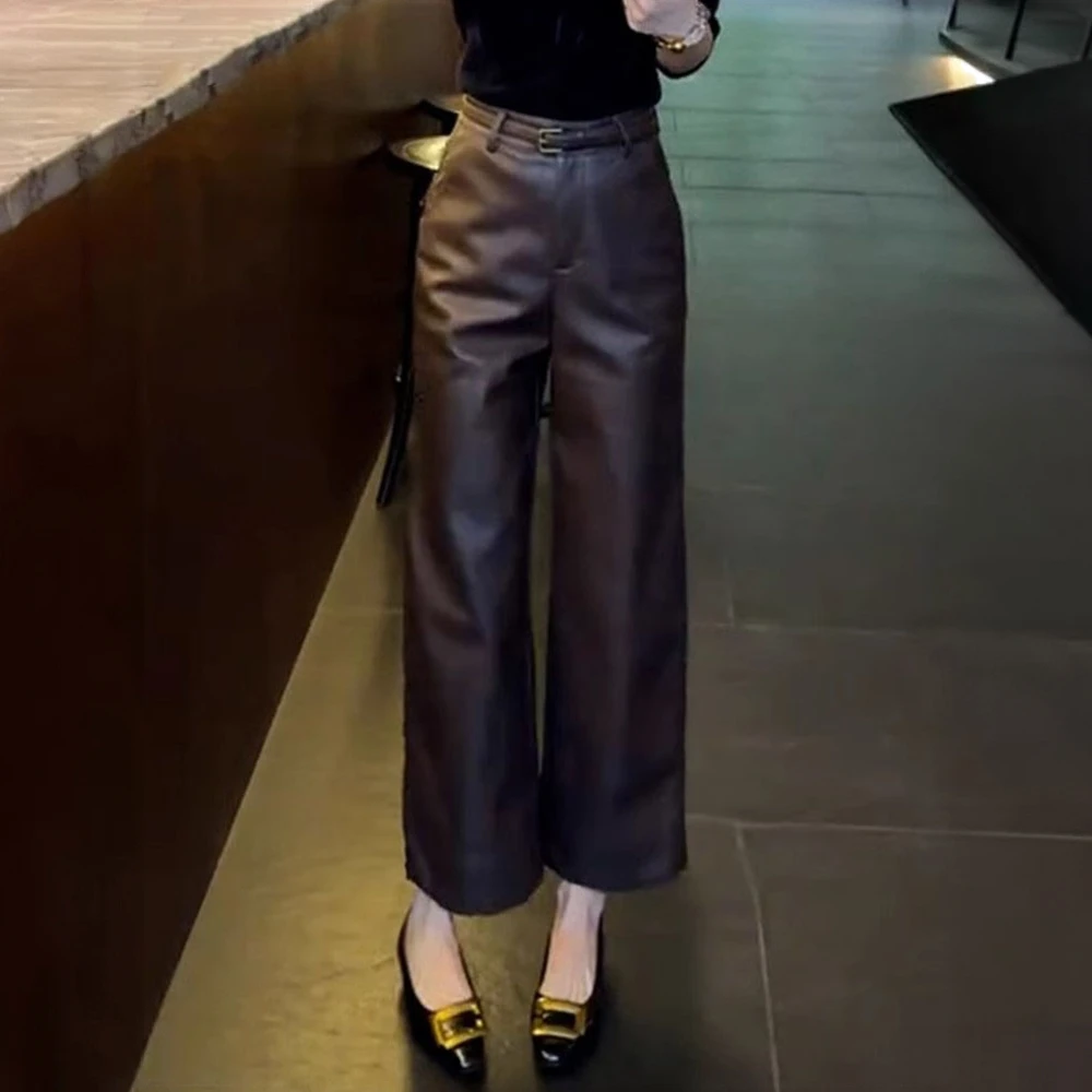 La babite高级感咖色pu皮裤2025秋冬新款阔腿裤九分休闲直筒裤