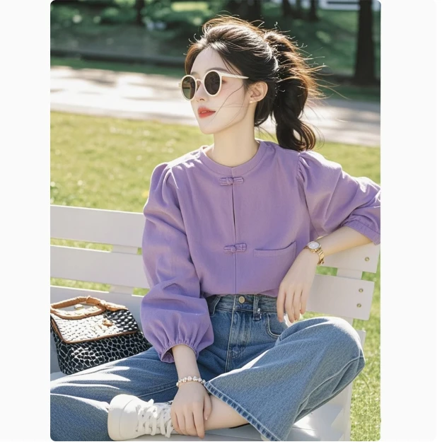 今年流行爆款超好看独特洋气减龄设计感紫色新中式盘扣圆领衬衫