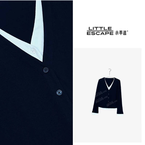 小乖逃时尚藏蓝T恤打底V领假两件拼白色长袖针织衫慵懒长袖N95153