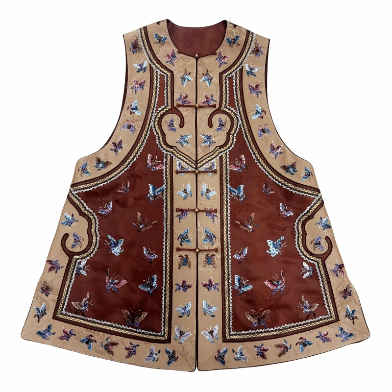 寨优袡【20095】50姆米提花缎面百蝶手推绣对开襟百搭马甲