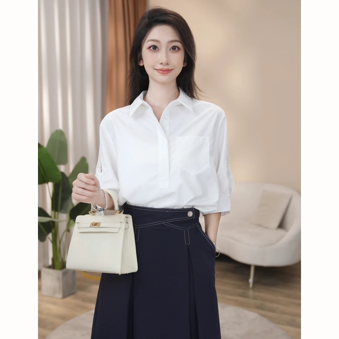 【曼贝】气质风衬衫白色短袖小众通勤极简设计百搭8592127【甜甜】