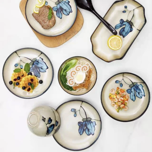 小可陶瓷玉泉小深盘17.5厘米木兰蓝高温瓷釉下彩手绘