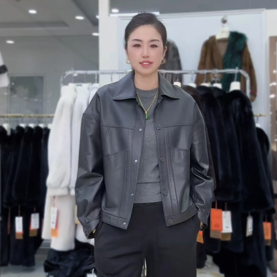 春秋外套极简翻领小羊皮女装外套