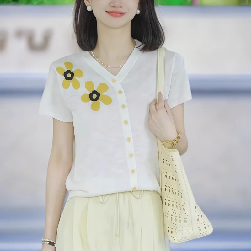 小香风提花花朵减龄假开衫短袖T恤针织衫女设计感百搭洋气上衣夏