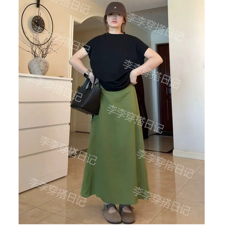 新款亚麻半身裙显瘦纯色拼接A字裙休闲风薄款韩版百搭高腰裙