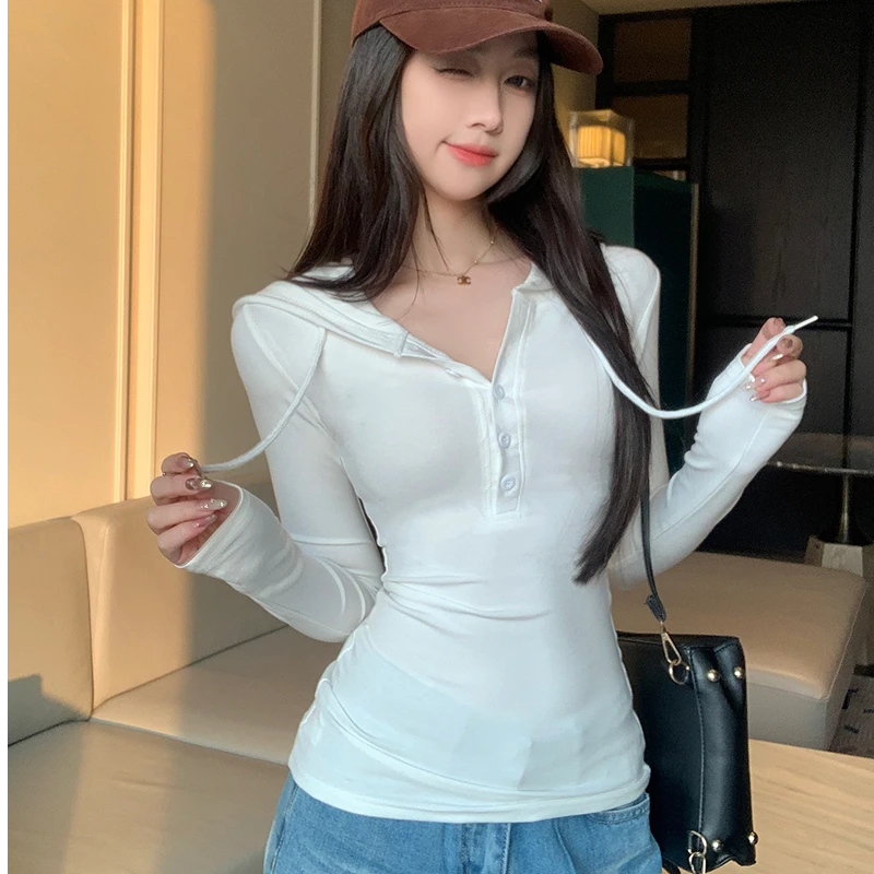 2025秋冬新款纯色正肩设计感连帽t恤女修身显瘦小众内搭上衣女