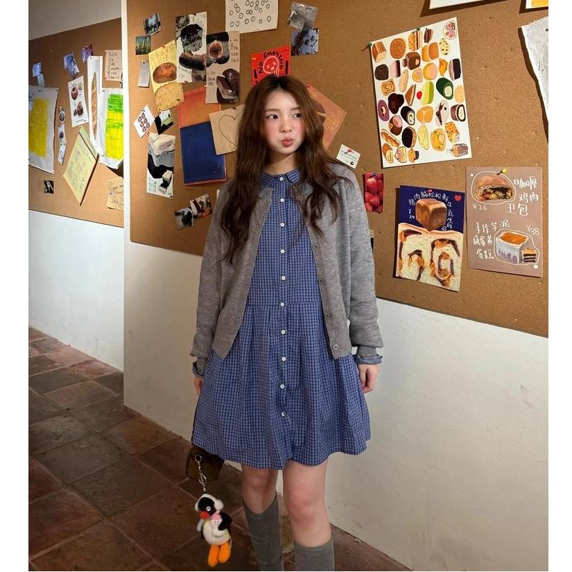 小个子复古韩系简单大方高级感蓝色格纹衬衫连衣裙套装裙秋季穿搭