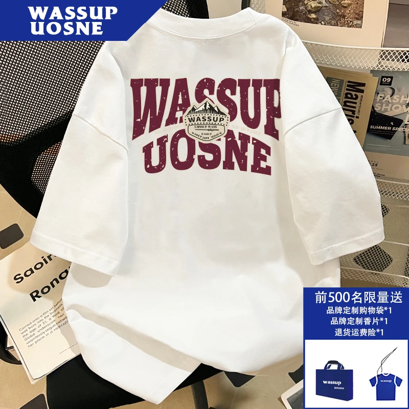 WASSUP UOSNE重磅纯棉白色短袖T恤男生夏季美式潮牌半袖2025新款