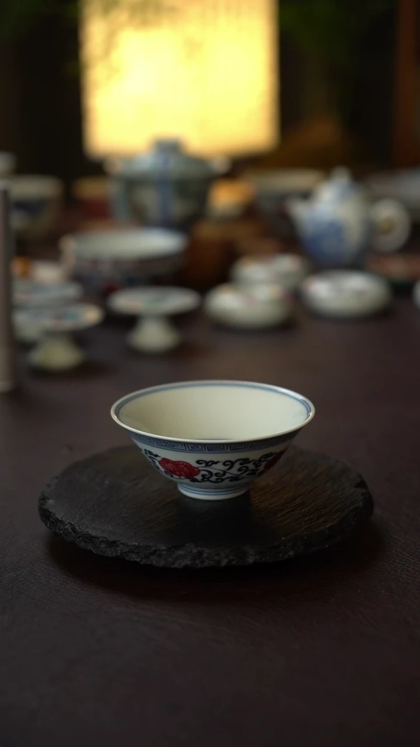 28号景德镇全手工手绘青花釉里红灵芝斗笠杯