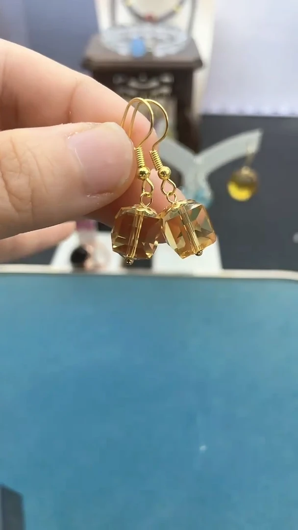 黄晶耳饰银S925镶嵌黄方糖