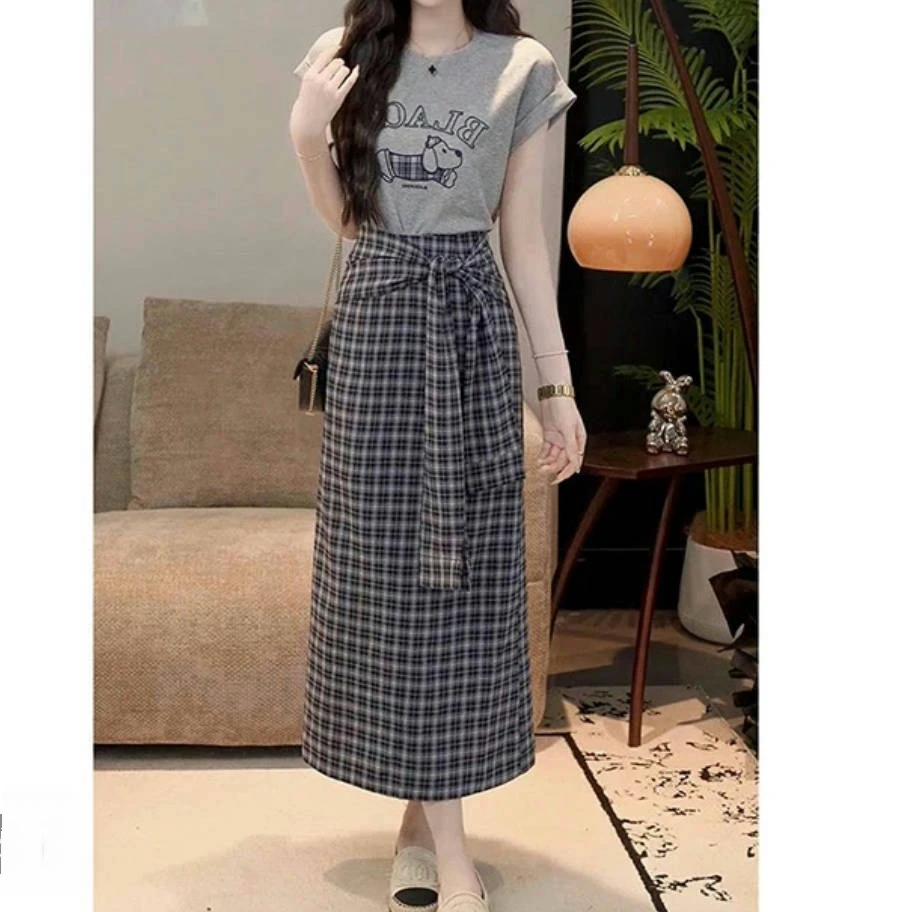 卡通小狗字母T恤+格子半身裙两件套2025夏季新款套装休闲设计感