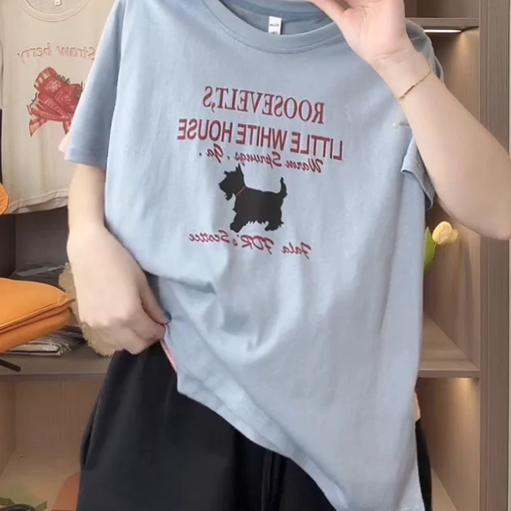 【小黑狗】雪花竹节麻~字母无感印花短袖T恤女夏季新款圆领正肩上衣