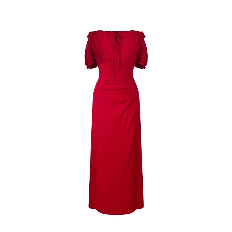 B-babes【娇艳欲滴】大码法式泡泡袖红色连衣裙微胖显瘦a字长裙-倾