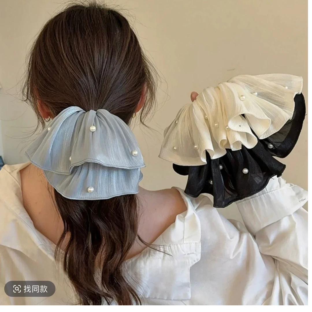 2025春季新款高级感流光丝滑锻面褶皱珍珠大肠发圈高端大号发饰女