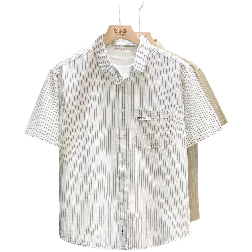 路约威格条纹衬衫男士夏季薄款短袖衬衫百搭休闲宽松透气短袖衬衫