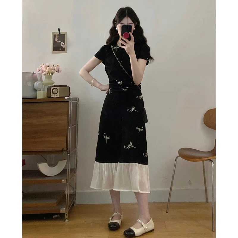 大码女装胖mm新款夏季拼接A字裙时尚气质显瘦遮肉减龄法式连衣裙