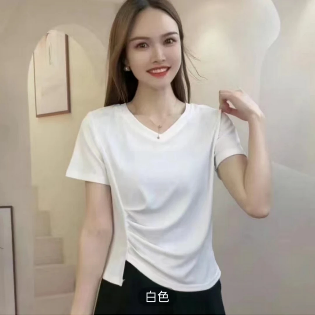 V领短袖夏季新款女t恤设计感褶皱时尚日常休闲圆领修身显瘦上衣