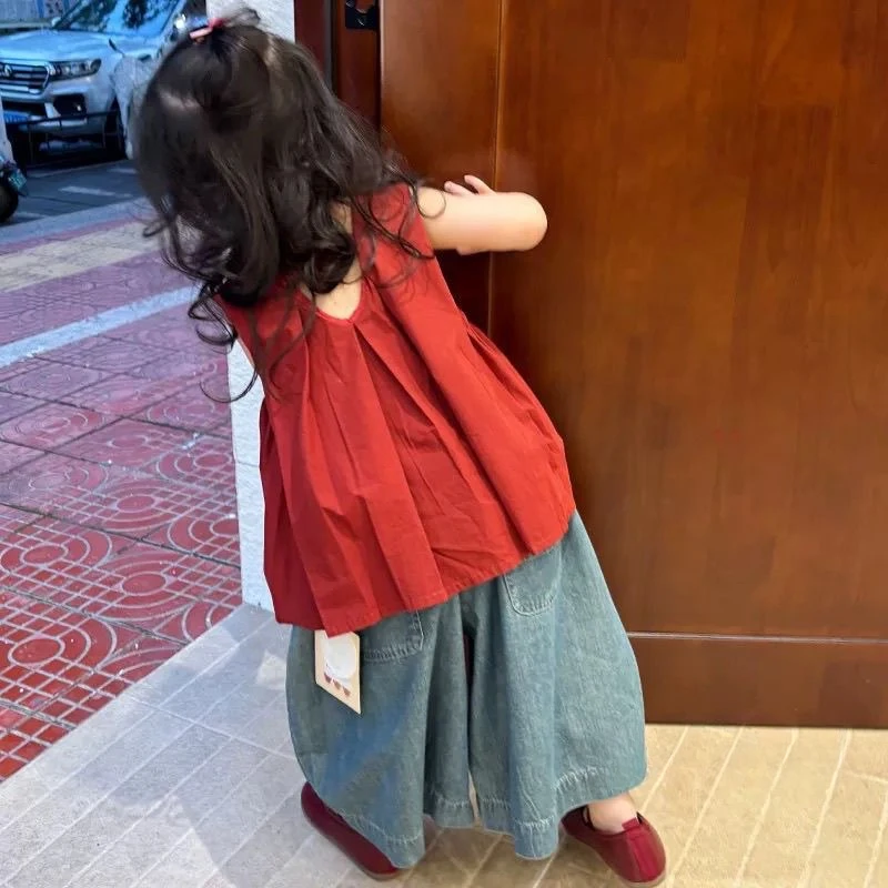 韩系女童甜美娃娃衫夏季小女孩洋气可爱设计压褶无袖吊带背心套装