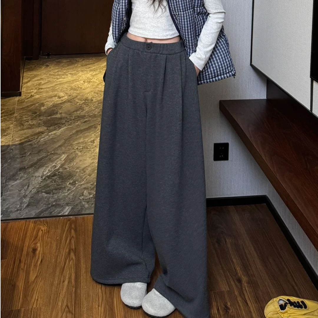 韩版高克重加绒厚款质感好看纯色简约中腰静奢风女生阔腿裤休闲裤