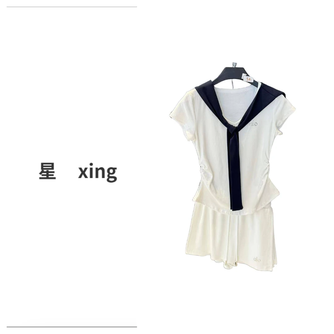 075 A夏装新款系带领短袖套头上衣女松紧腰半身裙套装56012