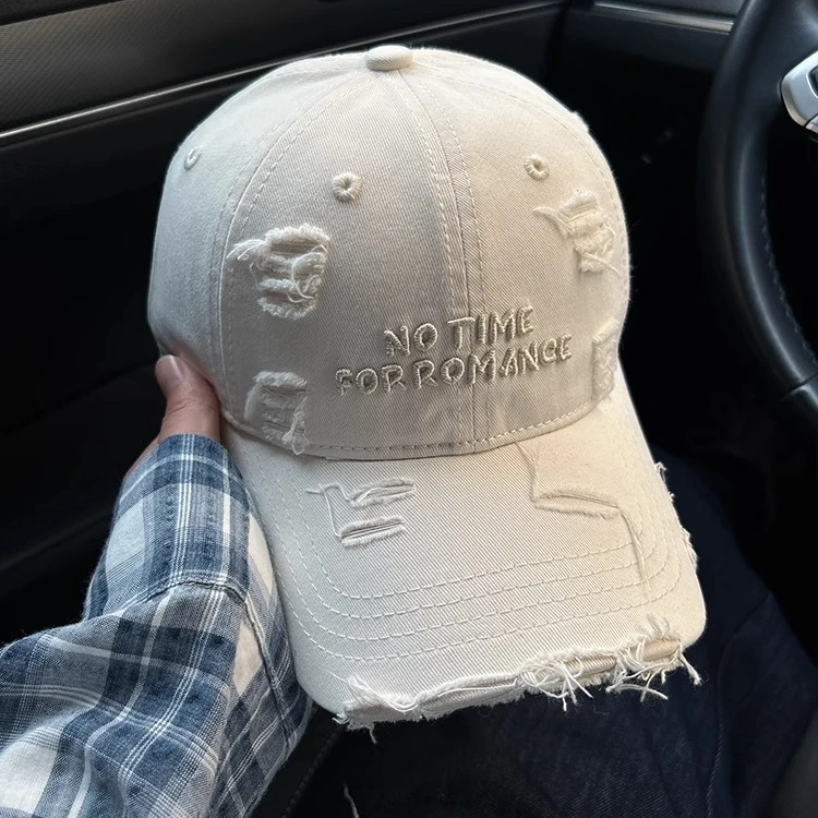 2025春夏新款立体刺绣字母破洞做旧鸭舌帽百搭男女款遮阳帽棒球帽