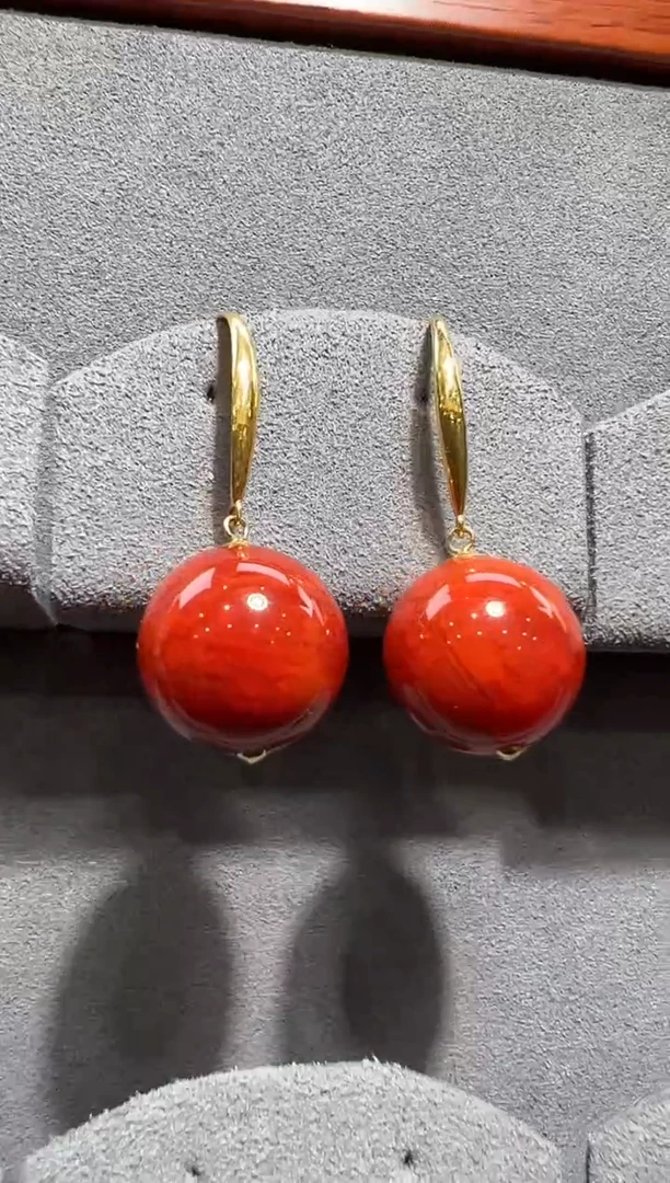 【闪购商品】南红玛瑙耳饰18K金镶嵌收藏级火焰纹12mm耳钩一对