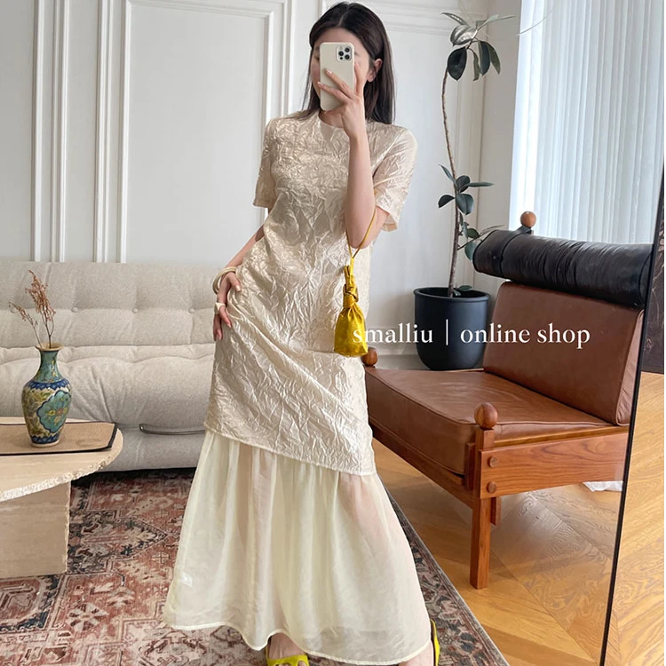 SMALLIU浅黄波光粼粼网纱拼接连衣裙裙子夏季显瘦