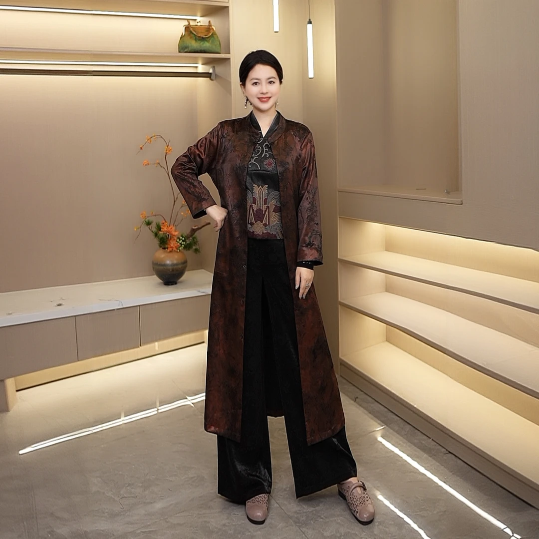 墨竹开衫风衣新中式新款百搭不褪色长袖老料重缎提花女中长款休闲