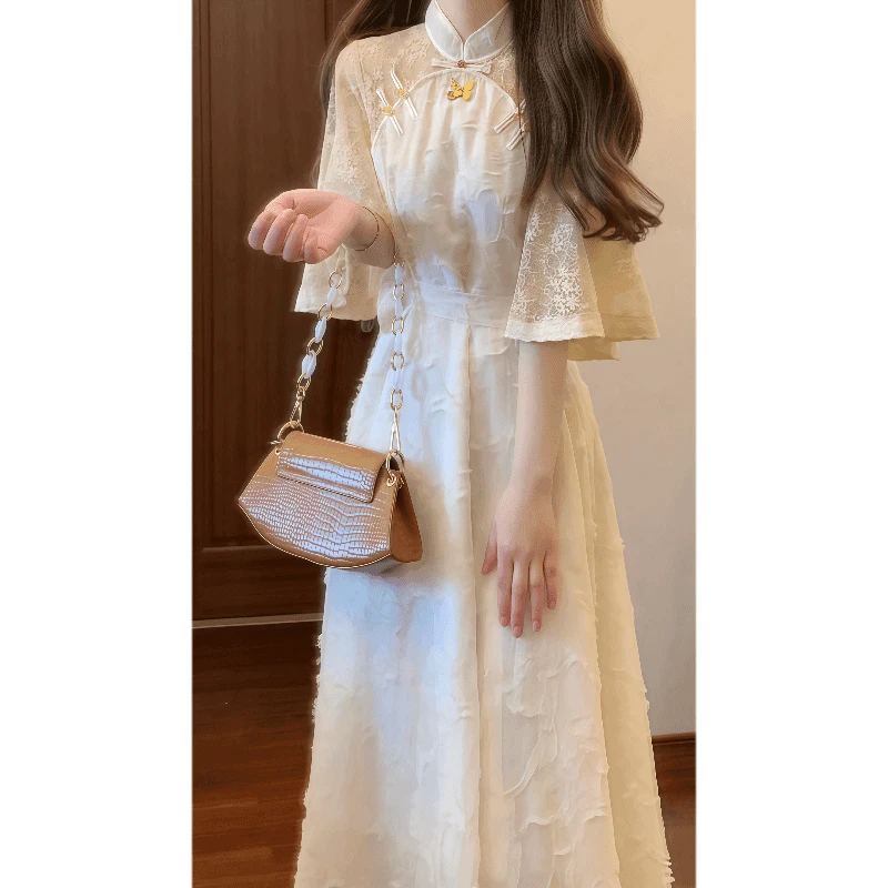 C141温柔复古改良旗袍连衣裙少女日常款系带收腰显瘦气质仙气长裙