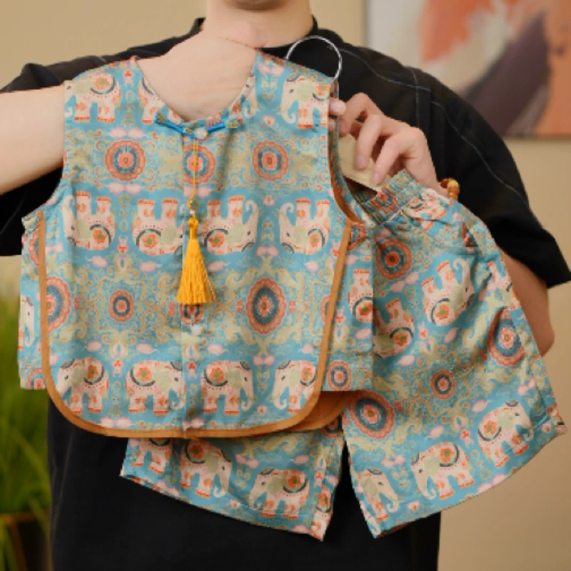 儿童夏季国风汉服男童女童新中式无袖衬衫宝宝开衫民族风上衣T恤