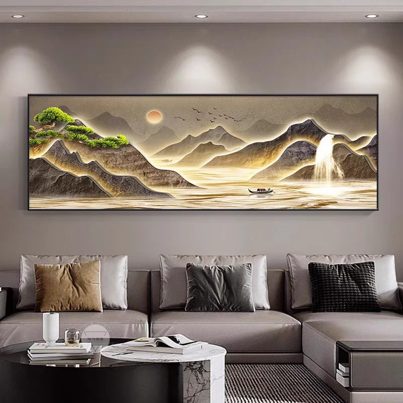 H02镶钻迎客松流水禅意客厅沙发装饰画新中式背景墙挂画200*70