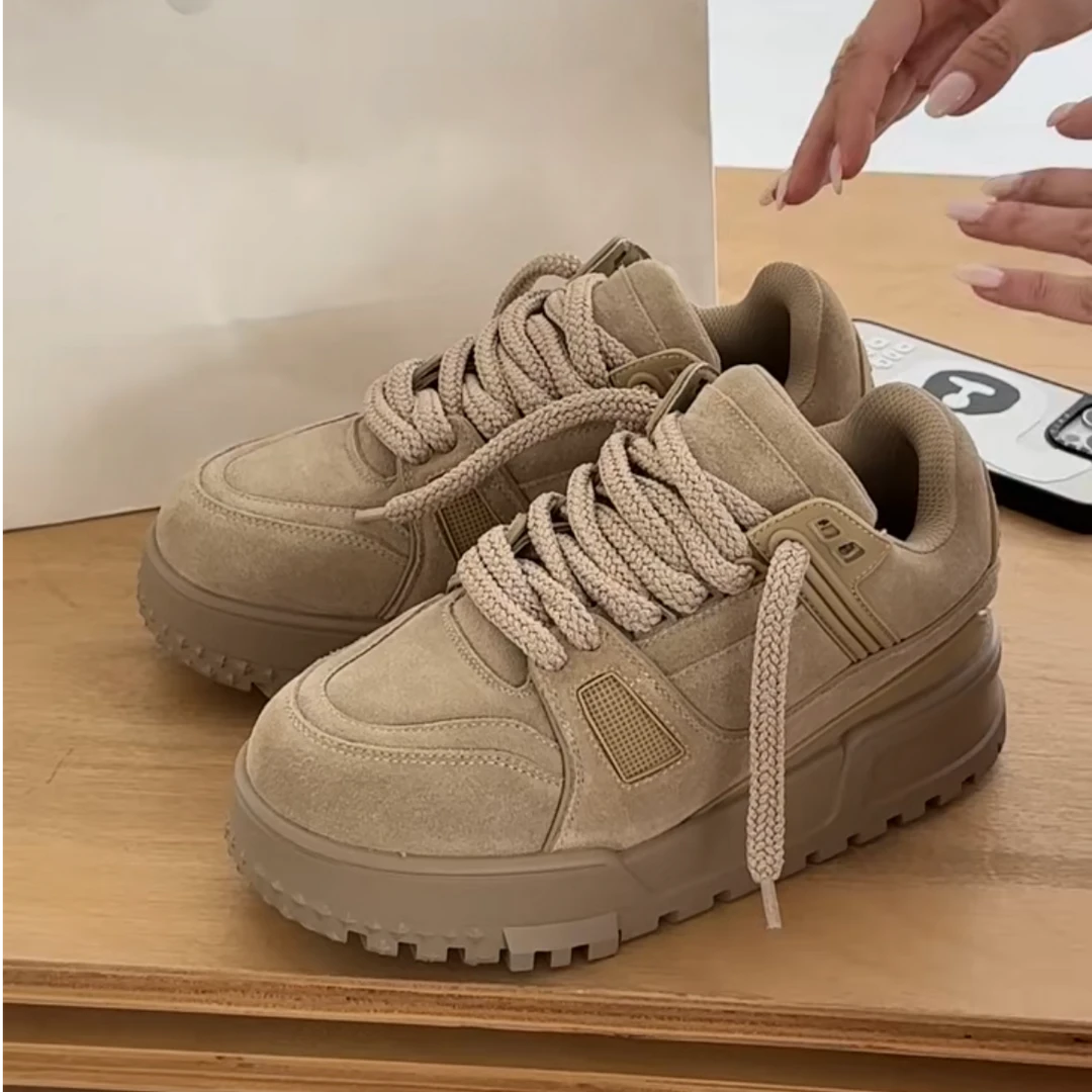 诗歌兰胖丁鞋2025秋新款百搭真皮厚底系带舒适拼色休闲板鞋运动鞋