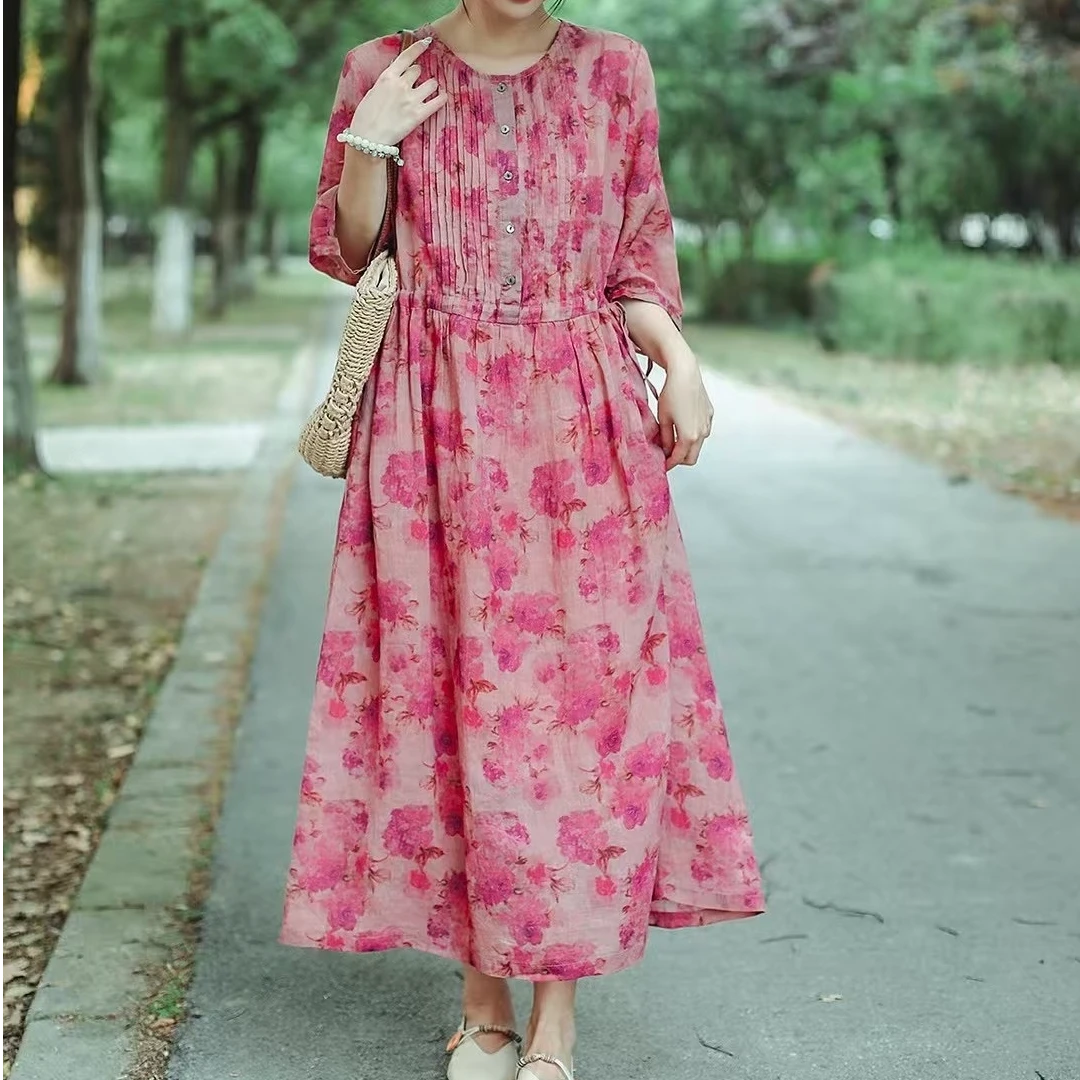 【江南絮语】宽松收腰显瘦气质减龄纯苎麻印花风琴褶连衣裙女