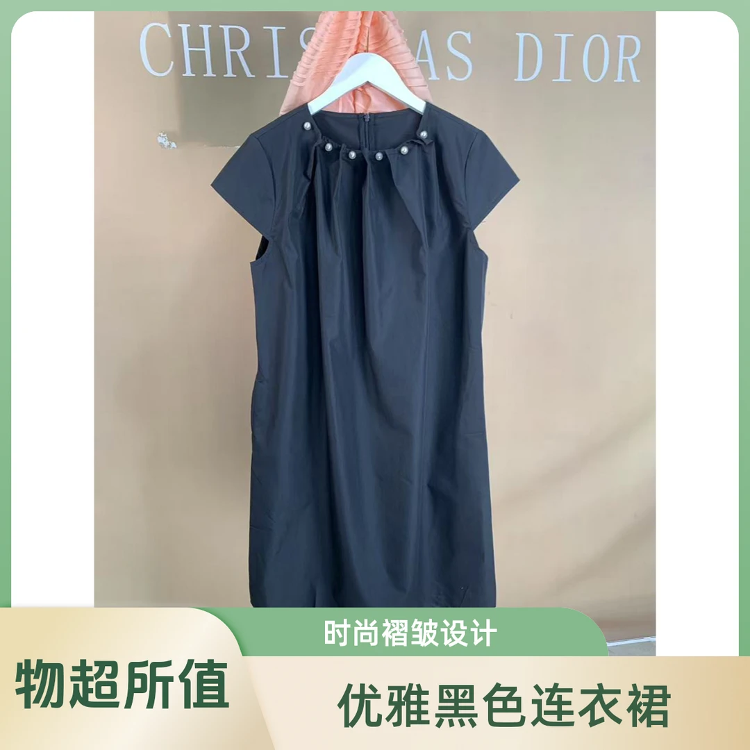 L 8187款气质时尚休闲夏季优雅黑色简约宽松连衣裙褶皱裙子